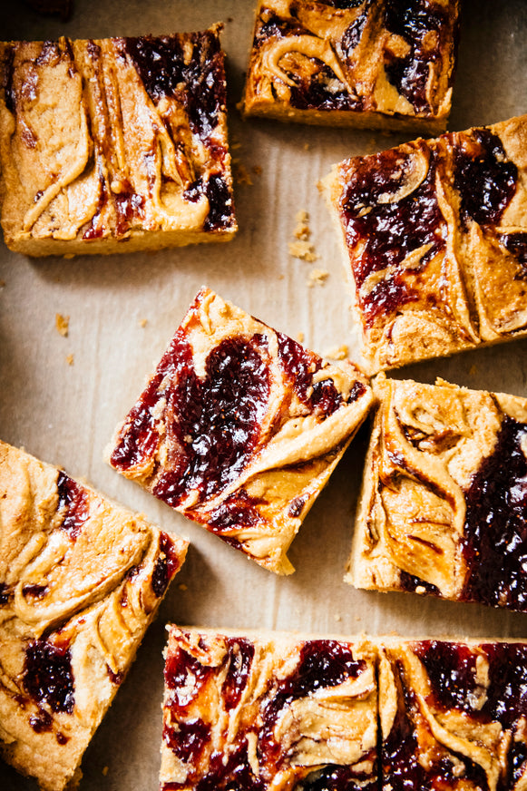 PB&J Blondies with swirls of American Spoon preserves