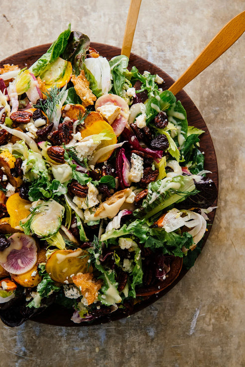 Load image into Gallery viewer, winter salad with shaved brussel sprouts, blue cheese, radishes and dried cherries