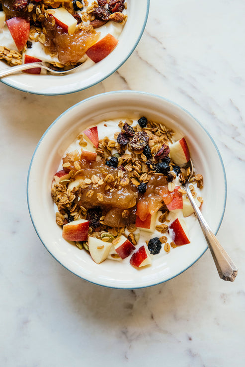 Load image into Gallery viewer, a yogurt bowl topped with maple granola, apples and apple & cinnamon preserves