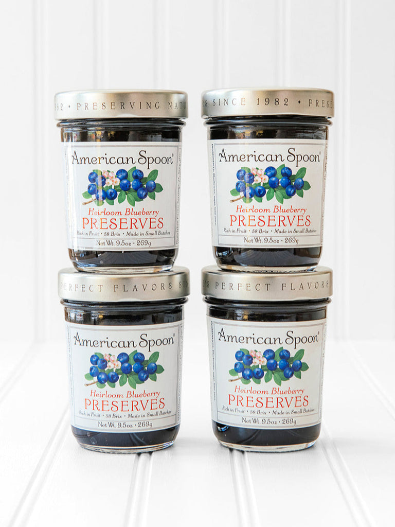 four jars of American Spoon Heirloom Blueberry Preserves