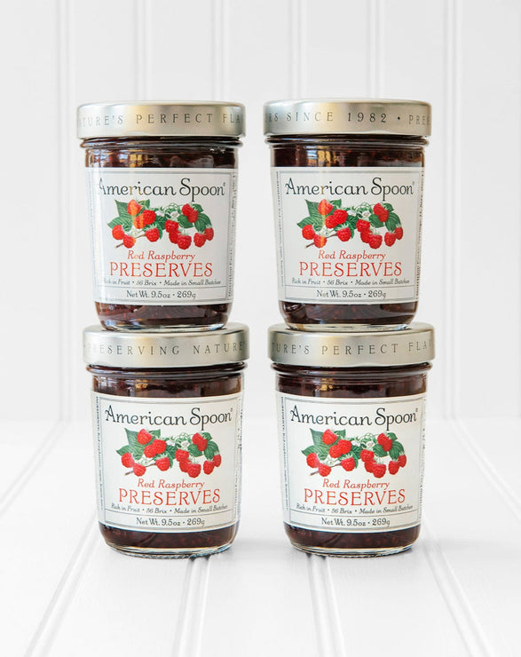Load image into Gallery viewer, four jars of American Spoon Red Raspberry Preserves