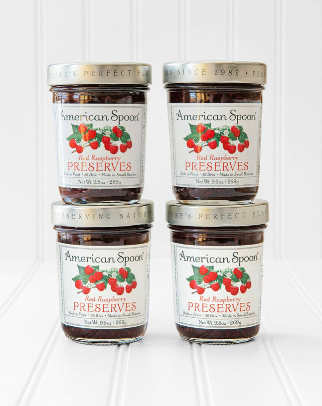 four jars of American Spoon Red Raspberry Preserves