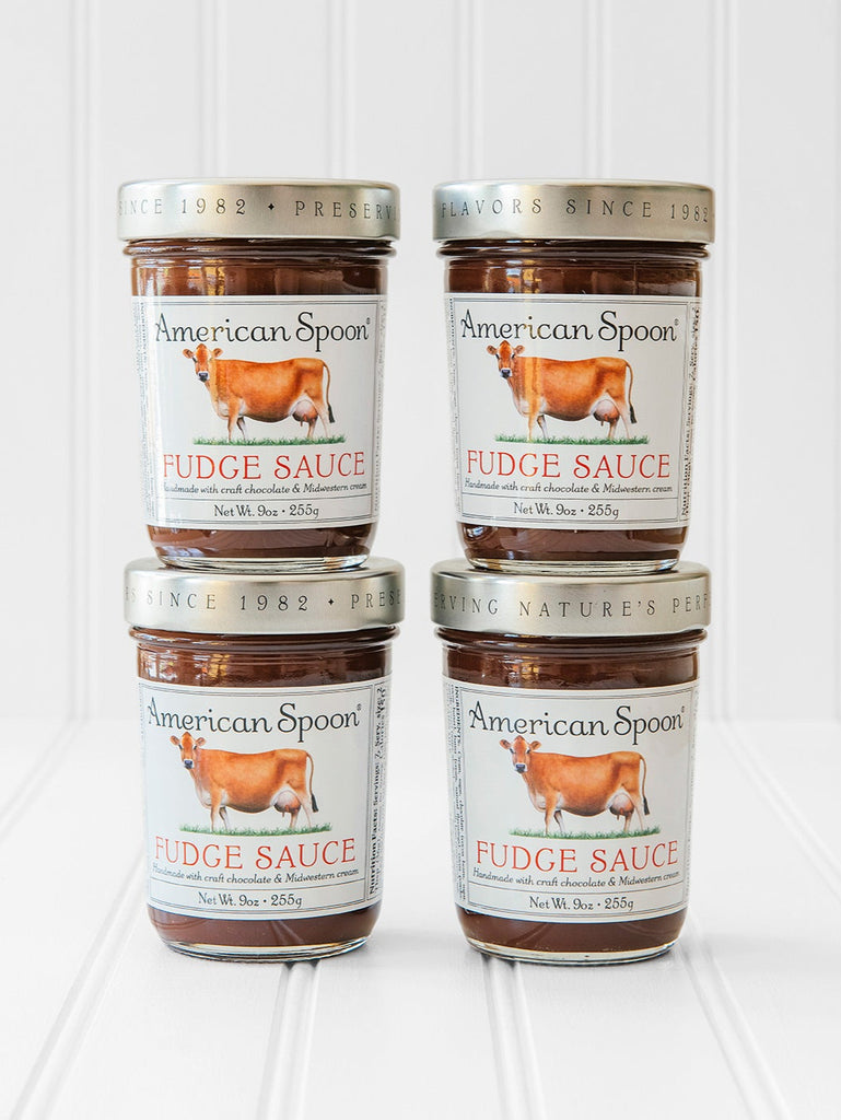 four jars of American Spoon Chocolate Fudge Sauce