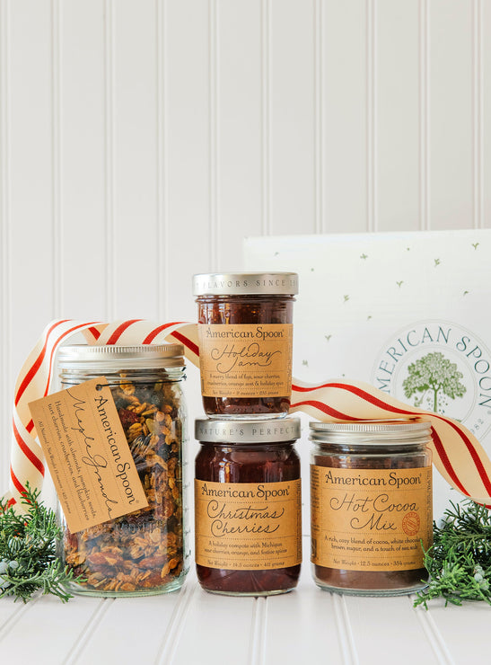 Load image into Gallery viewer, The Christmas Cupboard gift box containing Christmas Cherries, Holiday Jam, Hot Cocoa Mix & Maple Granola