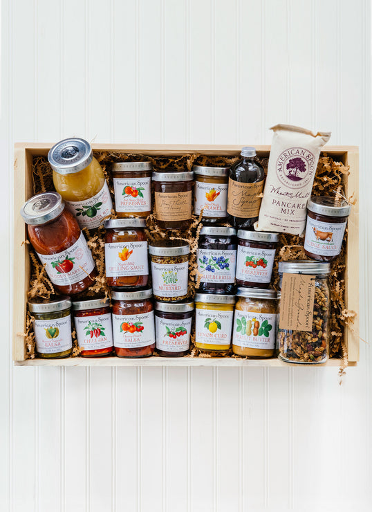 Load image into Gallery viewer, The Buy the Store gift box in a wooden crate containing Maple Granola, Margarita Mix, Bloody Mary Mix, Wheat &amp; Malt Pancake Mix, Maple Syrup, Fruit Perfect Blueberries, Maple BBQ Grilling Sauce, Chocolate Fudge Sauce, Star Thistle Honey, Sour Cherry Preserves, Jalapeno Pepper Jelly, Red Haven Peach Preserves, Peanut Butter, Cherry Peach Salsa, Lemon Curd, Early Glow Strawberry Preserves, Wholeseed Mustard and Salted Maple Caramel
