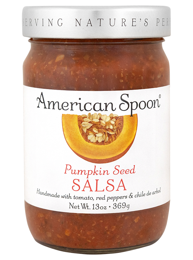 A jar of American Spoon Pumpkin Seed Salsa