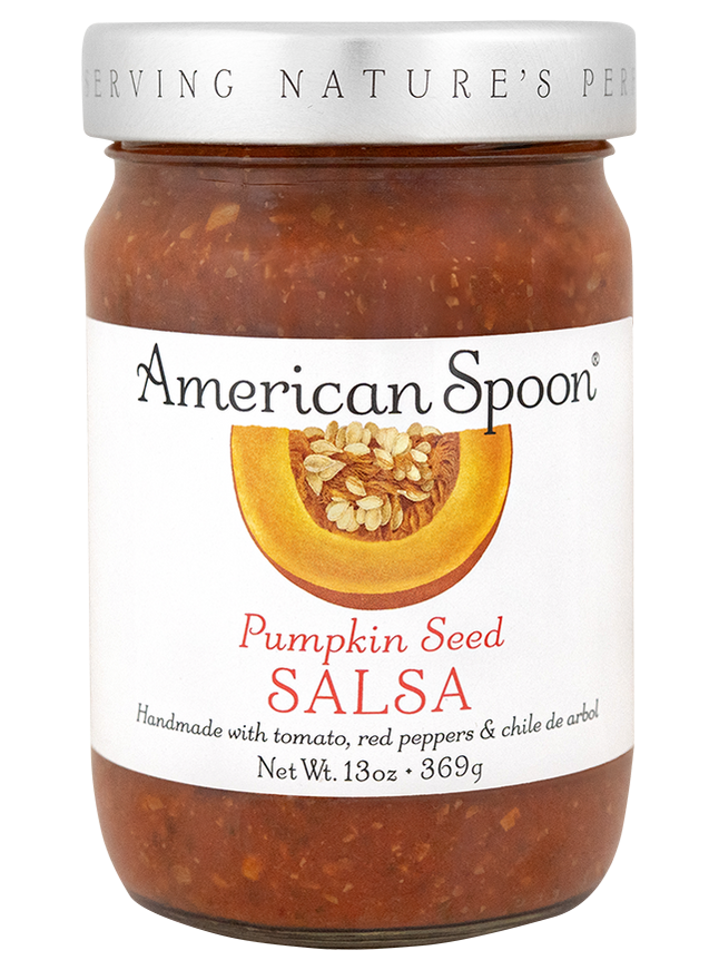 A jar of American Spoon Pumpkin Seed Salsa