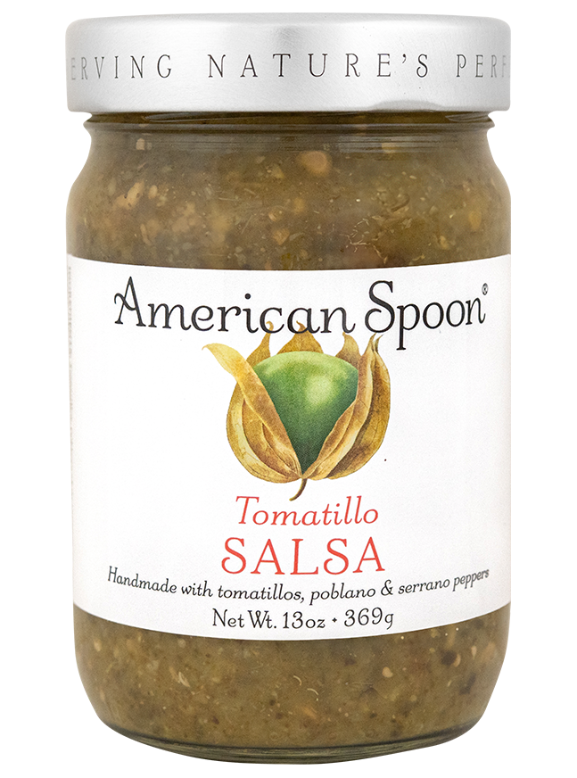 A jar of American Spoon Tomatillo Salsa