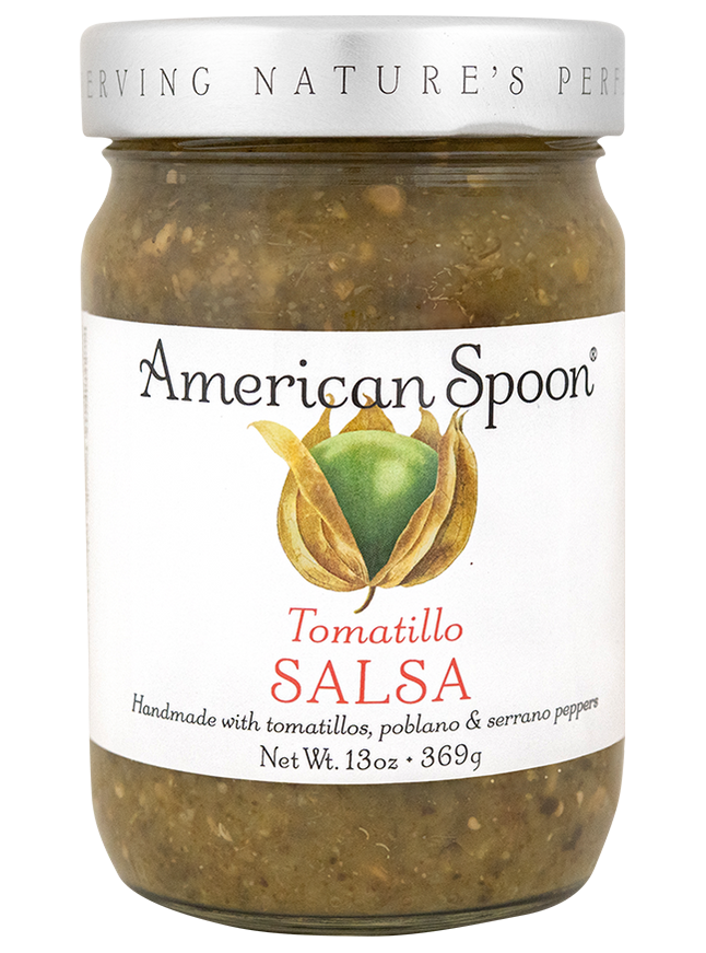 A jar of American Spoon Tomatillo Salsa