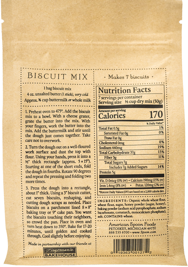 Back of the Biscuit Mix bag containing a recipe and nutritional details.