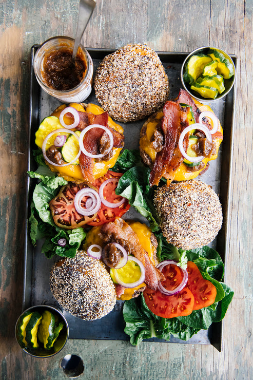 Load image into Gallery viewer, A tray of hamburgers with Apple & Onion jam