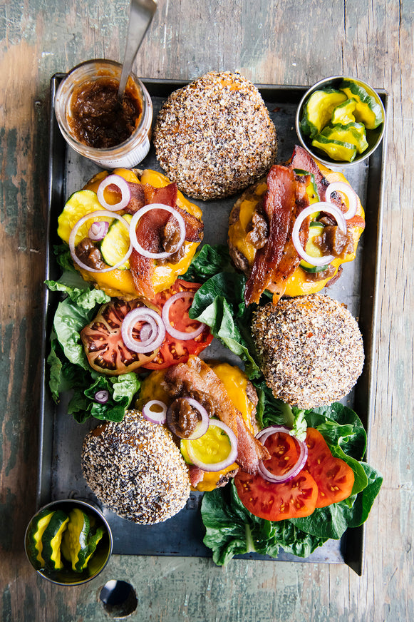 A tray of hamburgers with Apple & Onion jam