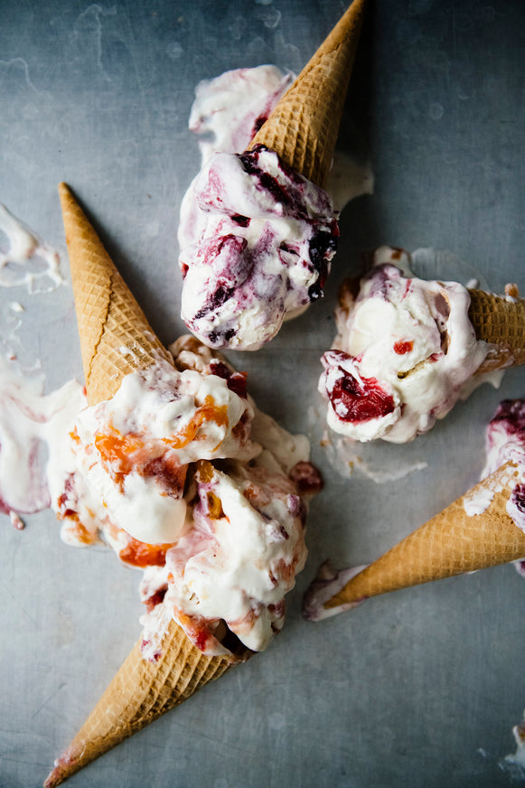 Ice cream cones made with vanilla ice cream and preserves