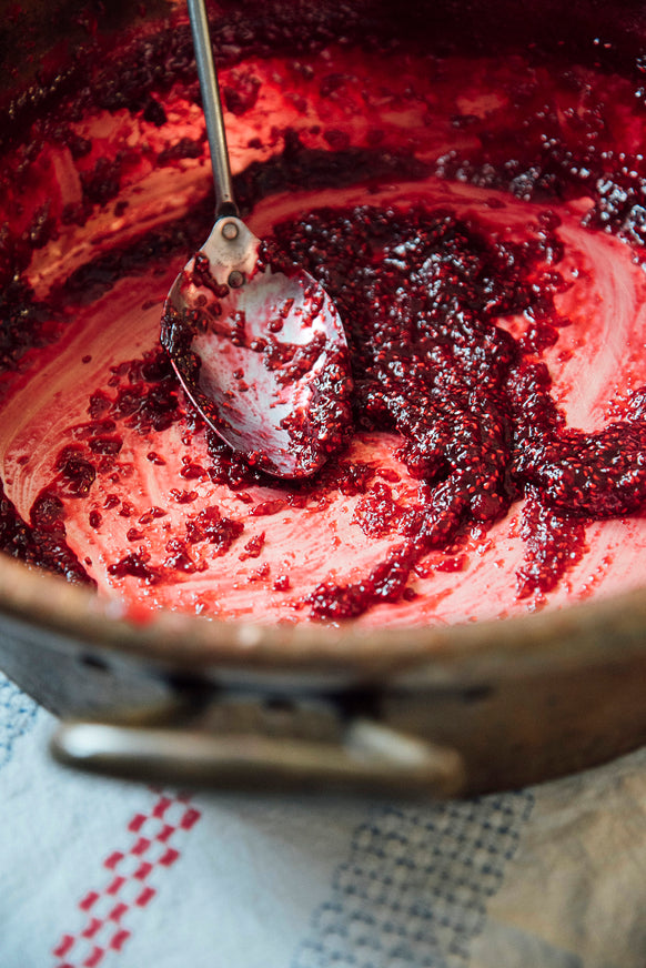 A copper kettle of Red Raspberry Butter