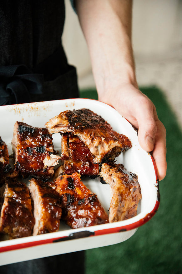 A rack of ribs made with American Spoon Grilling Sauce