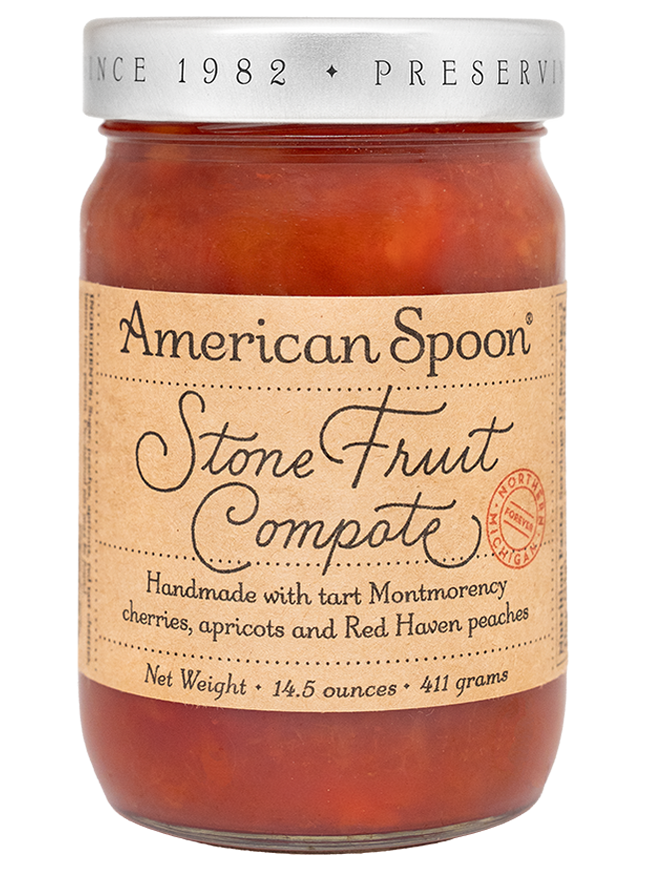 Jar of American Spoon Stone Fruit Compote on a white background