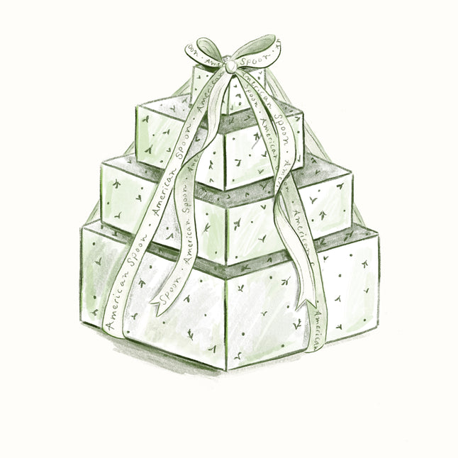 an illustrated drawing of american spoon gift boxes with a branded ribbon 