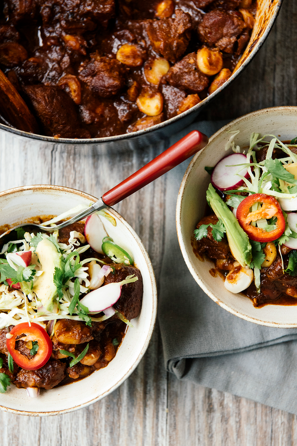 Bowls of pozole made with Dried Chile Salsa
