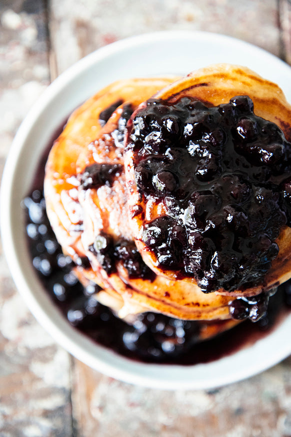 overhead image of homemade pancakes with Blueberry Fruit Perfect