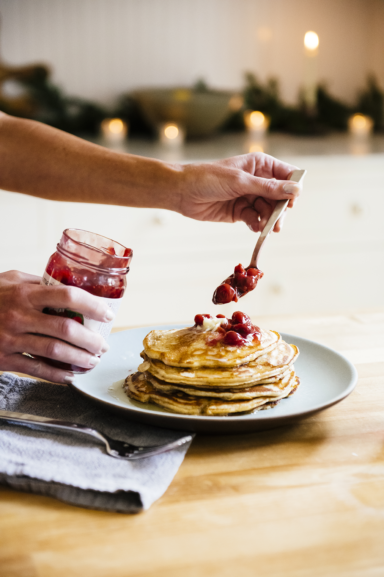 Our Weekend Brunch Box gift box containing Wheat & Malt Pancake Mix, Fruit Perfect Sour Cherries, Fruit Perfect Blueberries, Maple Syrup, Lemon Curd, Bloody Mary Mix, Maple Granola and Early Glow Strawberry Preserves 