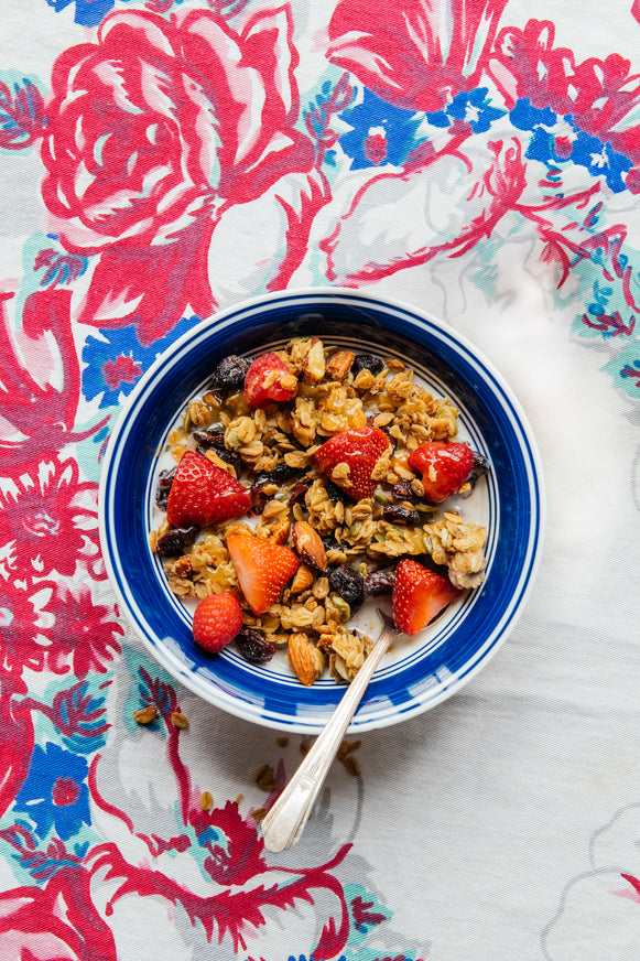 Bowl of granola with fresh strawberries and dried cherries on a floral tablecloth