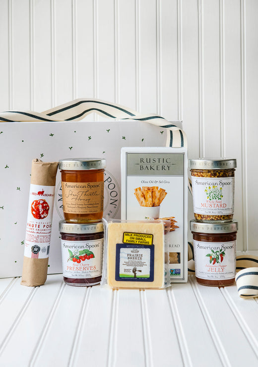 Load image into Gallery viewer, The Entertainer gift with Rustic Bakery Crackers, Whole Seed Mustard, Sour Cherry Preserves, Jalapeño Pepper Jelly, Prairie Breeze Cheese, Star Thistle Honey, and Haute Pork Salami
