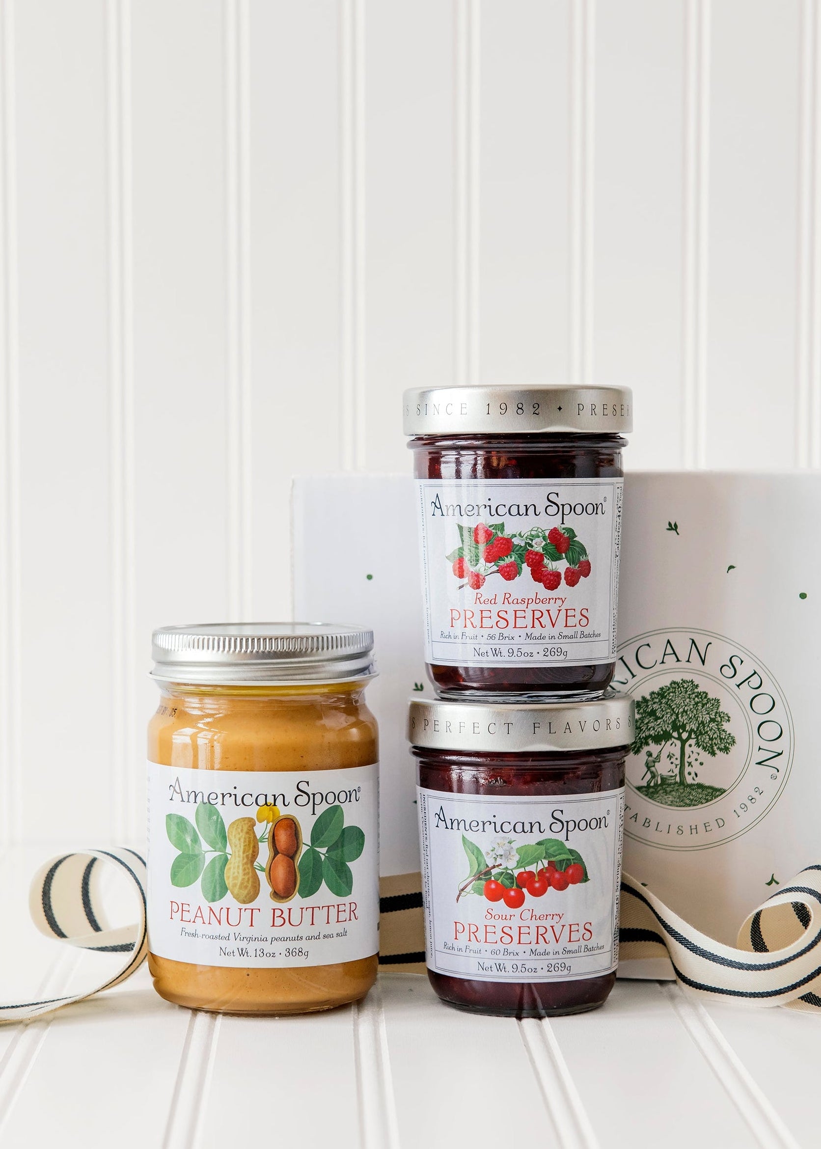 PB&J gift set with Peanut Butter, Red Raspberry Preserves, Sour Cherry Preserves and a gift box with ribbon