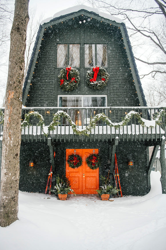 A ski chalet decorated for the holidays