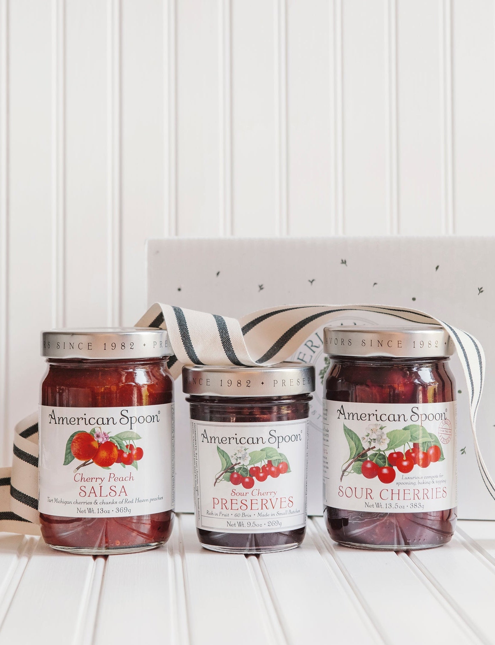 Cherry Classics gift box including Cherry Peach Salsa, Sour Cherry Preserves, Fruit Perfect Sour Cherries and a gift box