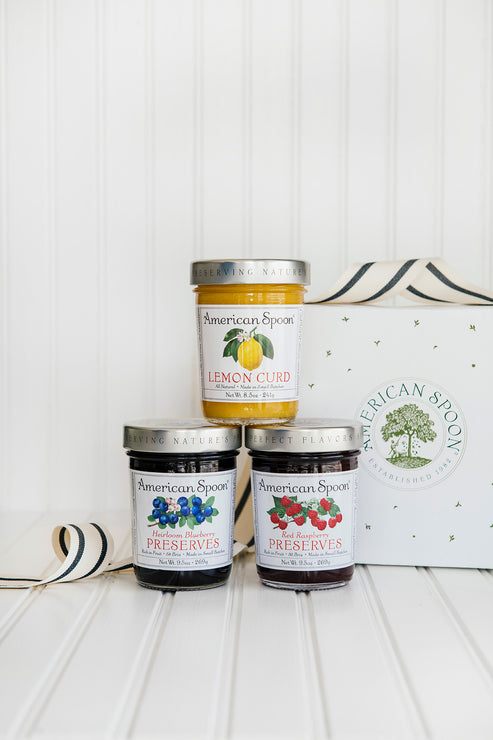 Load image into Gallery viewer, American Spoon&#39;s Lemon Berry gift, including Lemon Curd, Heirloom Blueberry Preserves, and Red Raspberry Preserves
