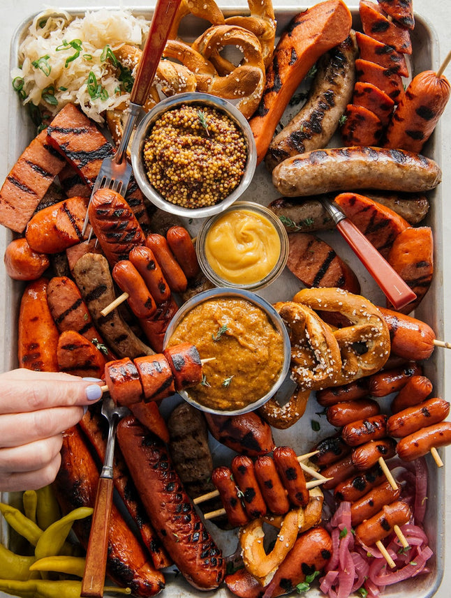 A platter of mixed grilled sausages with ramekins of mustard for dipping. 