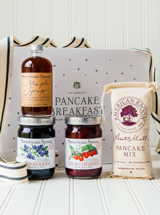 The Classic Pancake Breakfast Box gift box containing Wheat & Malt Pancake Mix, Maple Syrup, Fruit Perfect Sour Cherries and Fruit Perfect Blueberries
