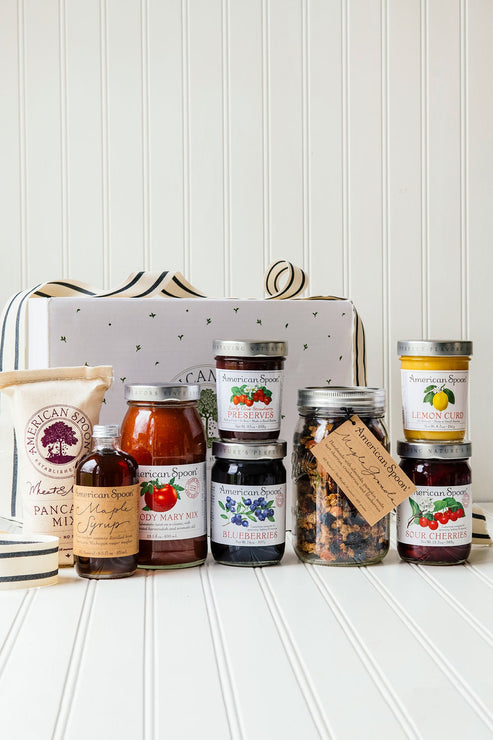 Load image into Gallery viewer, Our Weekend Brunch Box gift box containing Wheat &amp; Malt Pancake Mix, Fruit Perfect Sour Cherries, Fruit Perfect Blueberries, Maple Syrup, Lemon Curd, Bloody Mary Mix, Maple Granola and Early Glow Strawberry Preserves 
