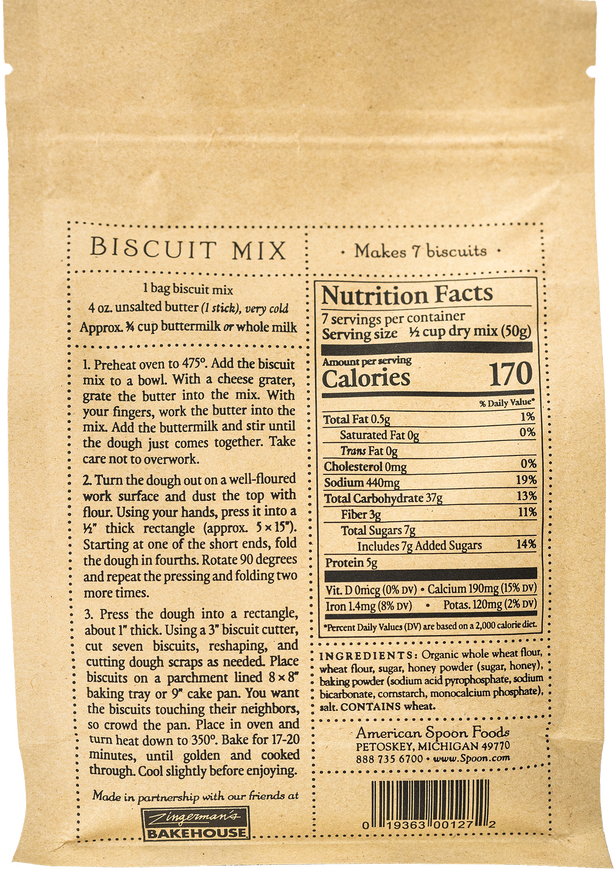 Back of the Biscuit Mix bag containing a recipe and nutritional details. 