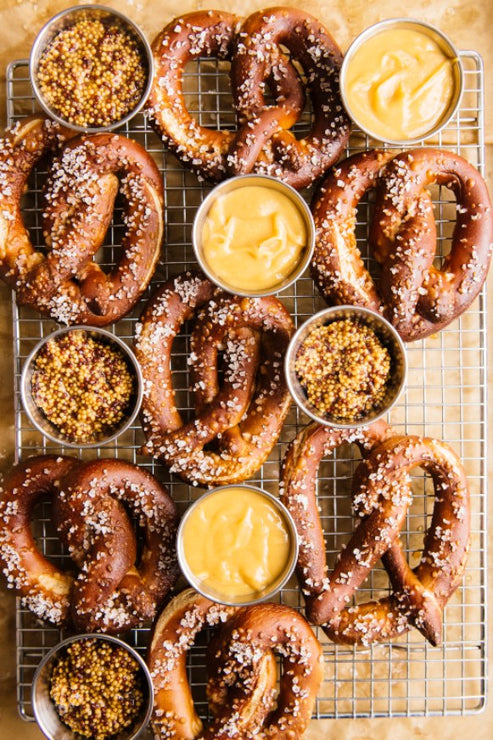 Load image into Gallery viewer, Homemade salted soft pretzels with mustard dipping sauce
