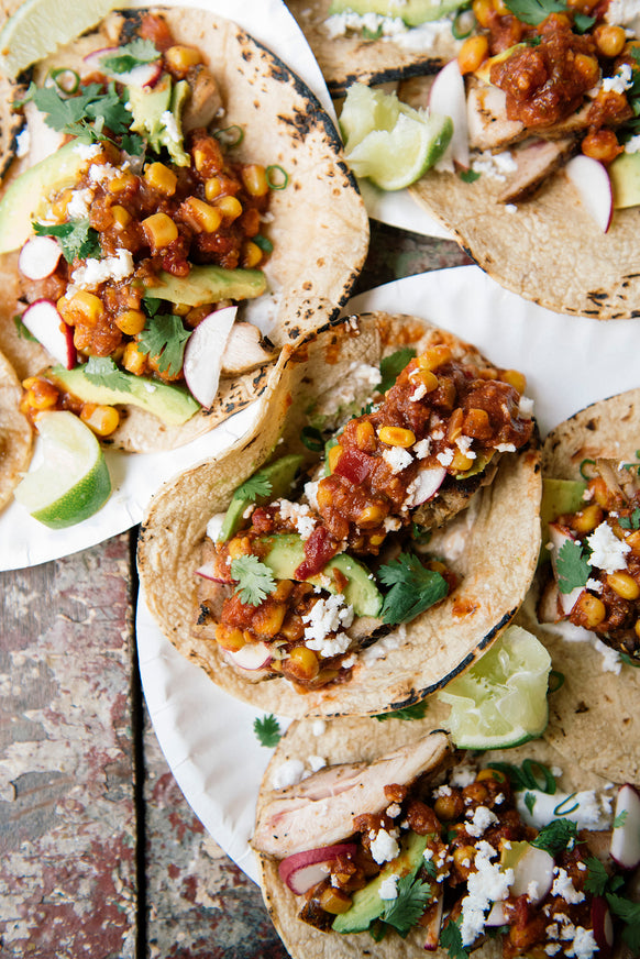 Tacos topped with American Spoon salsa