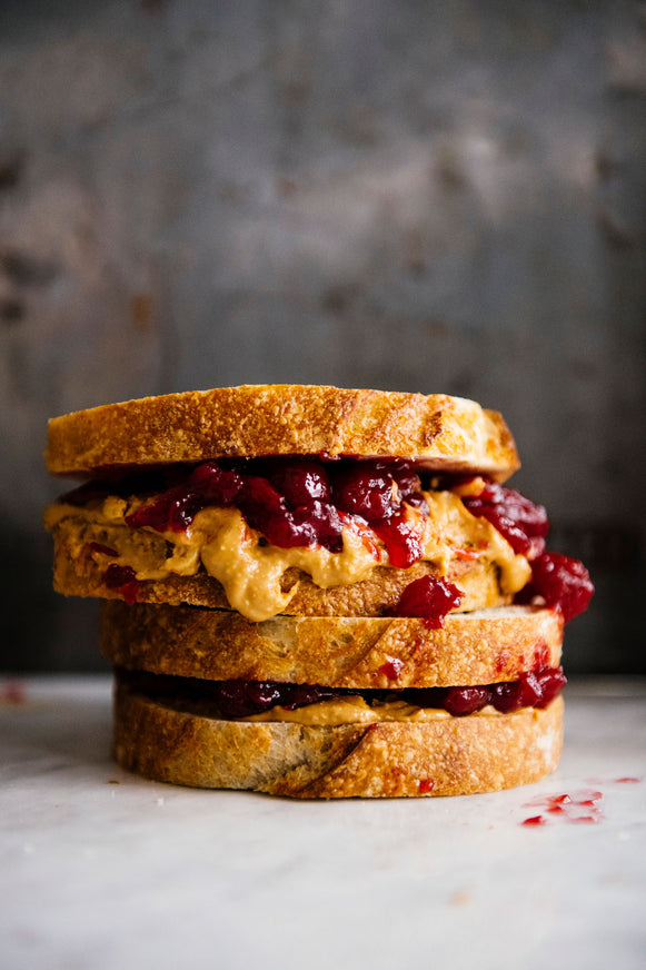 A stack of PB&J sandwiches