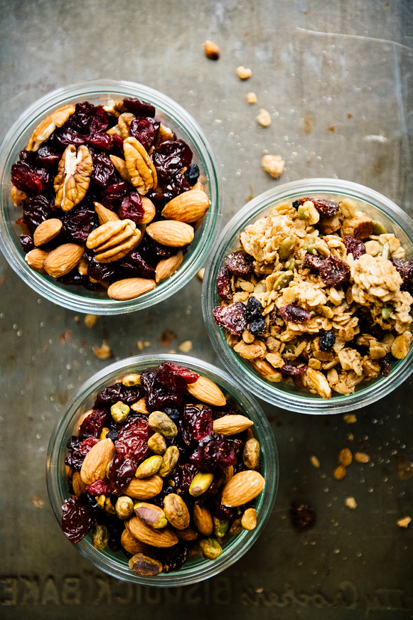 Glass weck jars filled with Cherry Berry Nut Mix, Merry Mix and Maple Granola