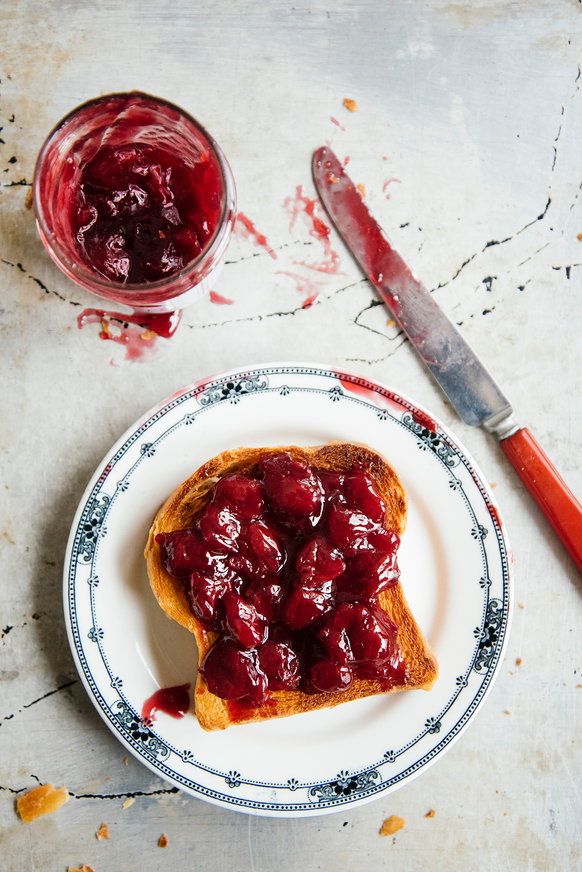 A single piece of toast with Fruit Perfect Sour Cherries spread on top