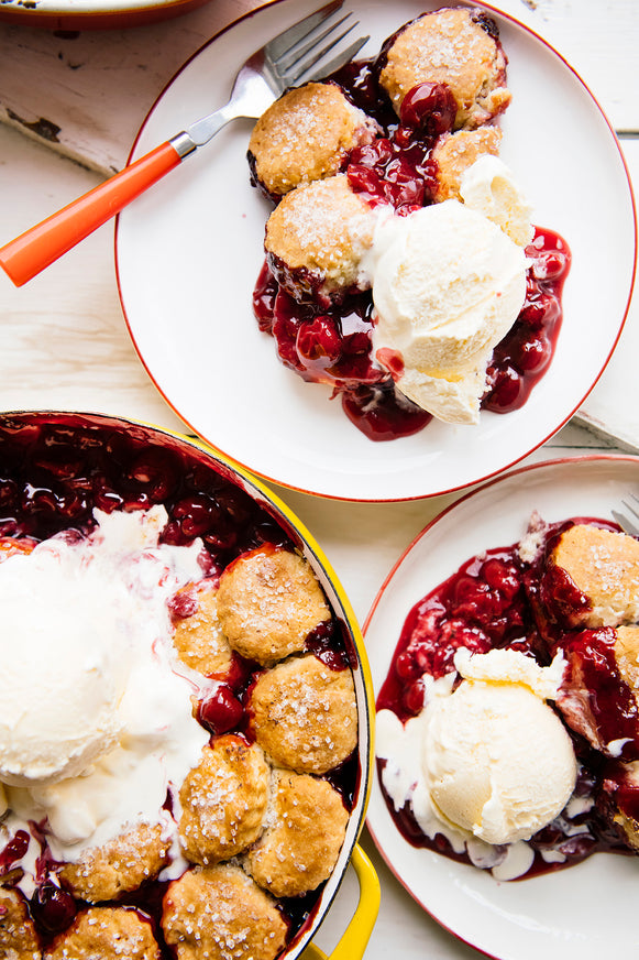 Cobbler made with American Spoon Biscuit Mix, Fruit Perfect Sour Cherries and vanilla ice cream