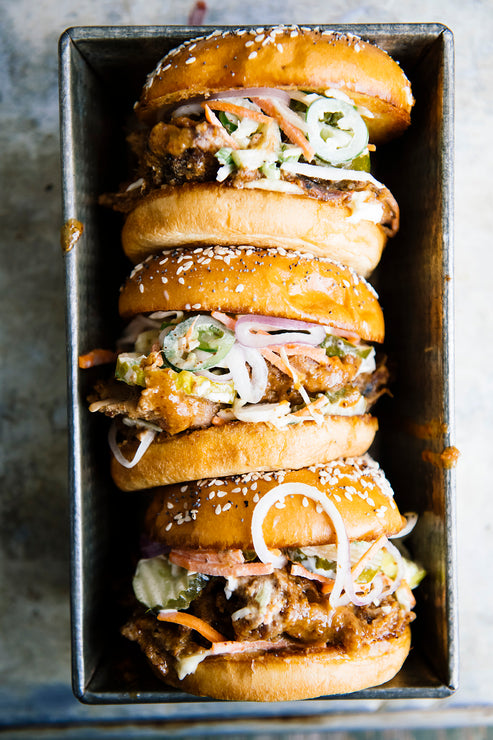 Load image into Gallery viewer, Pulled pork sandwiches made with American Spoon Grilling Sauces
