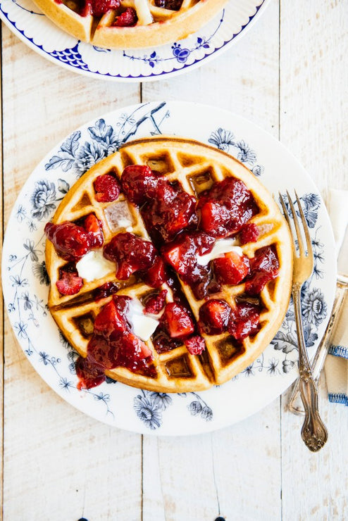 Load image into Gallery viewer, A waffle topped with Fruit Perfect Sour Cherries and melted butter
