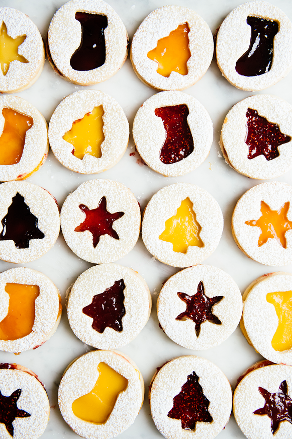 Linzer cut out cookies filled with preserves and curd