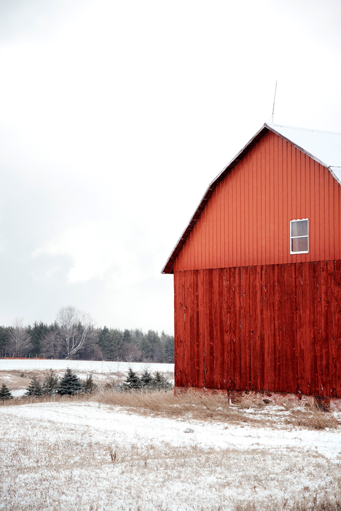 Load image into Gallery viewer, A red barn covered in snow
