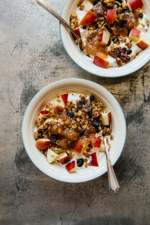 Load image into Gallery viewer, Two bowls of yogurt topped with Maple Granola, apple slices and preserves
