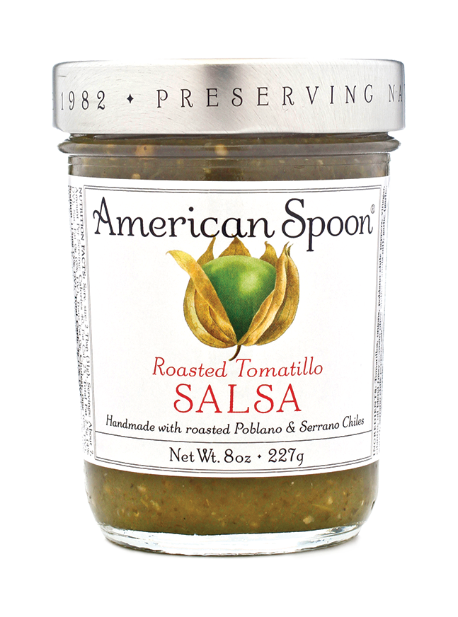 A jar of Roasted Tomatillo Salsa