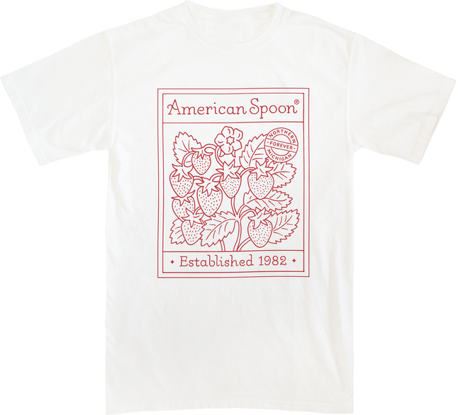 White American Spoon Tshirt with custom strawberry line drawing printed in red